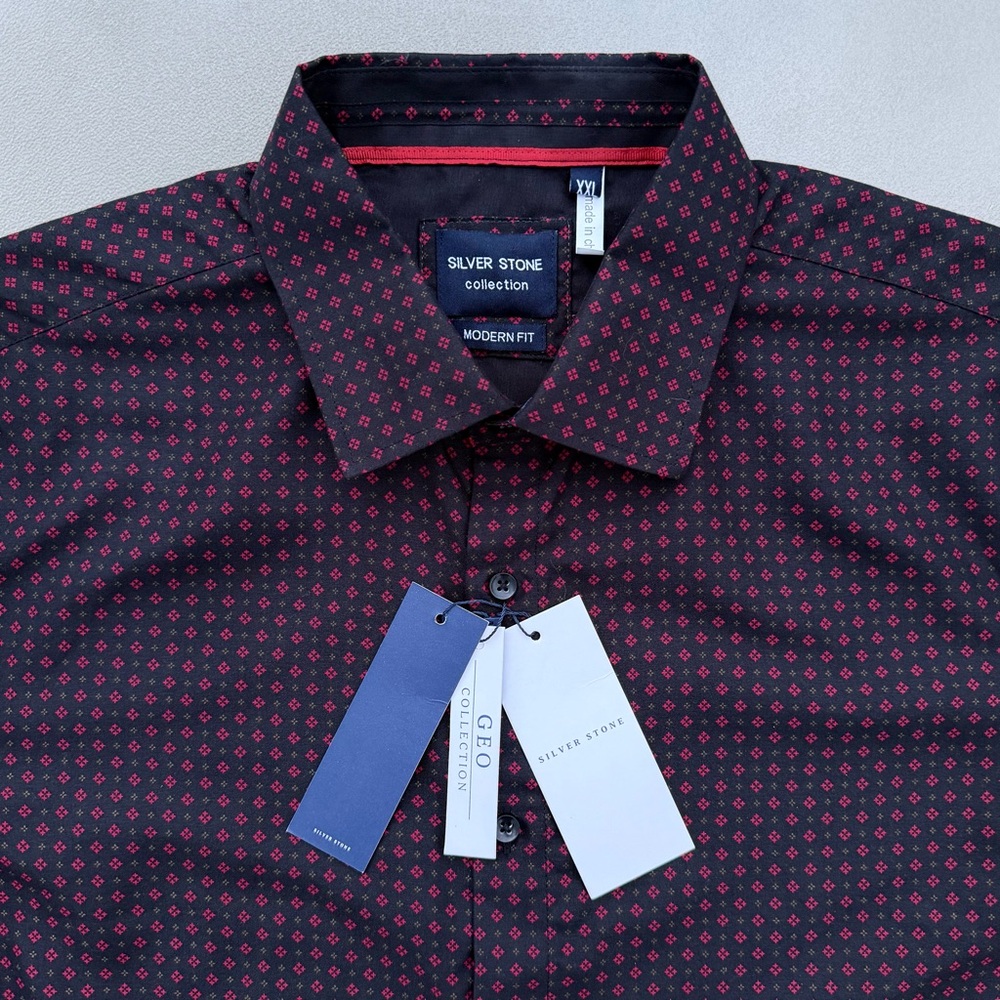 Silver Stone Black with Red Geometric Pattern Long Sleeve Dress Shirt, Men’s XXL